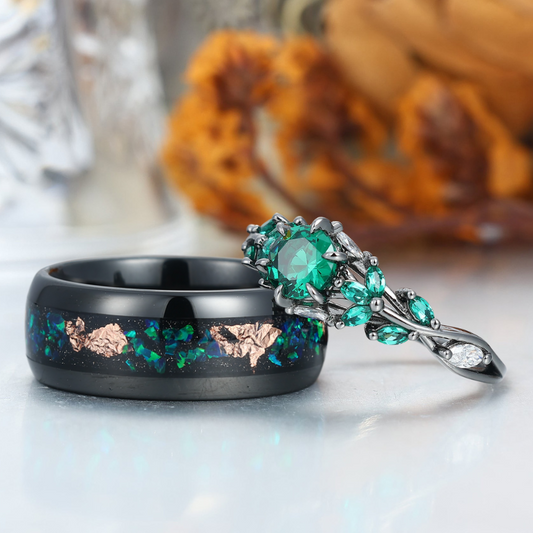 Emerald Engagement Couples Ring Set And Green Tungsten Matching Ring His and Hers Ring Set