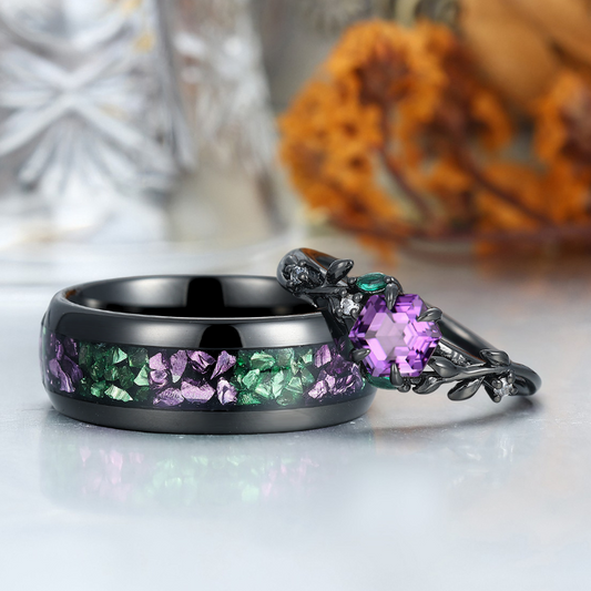 Fascinating Amethyst Leaf Engagement Couple Rings Matching Tungsten His and Hers Wedding Band