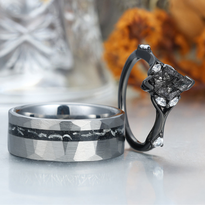 Dainty Black Rutilated Quartz His And Hers Wedding Bands Promise Tungsten Matching Couple Rings
