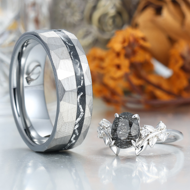 Dainty Black Rutilated Quartz Leaf Couples Ring Meteorite Tungsten Matching Ring