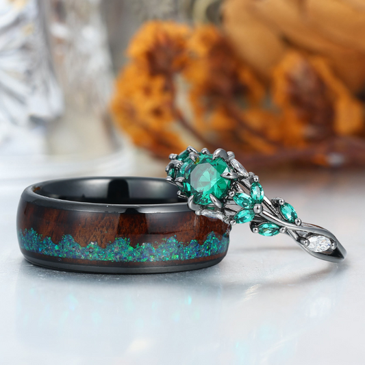 Emerald Engagement Couples Ring Set And Wood Inlay Tungsten Matching Ring His and Hers Ring Set