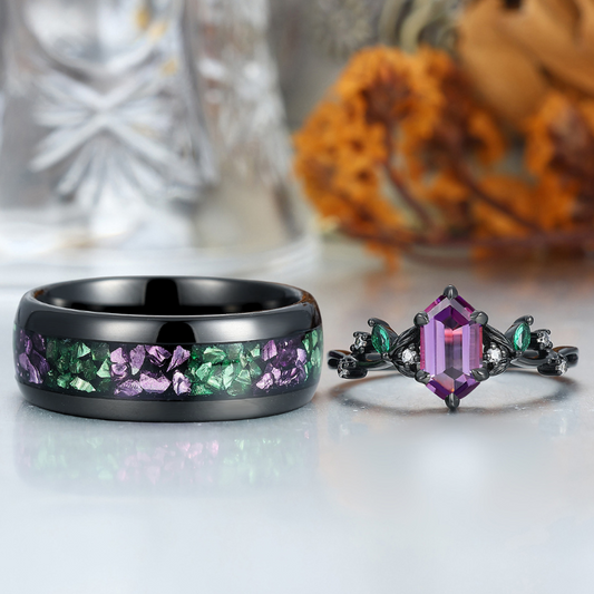 Fascinating Long Hexagon Amethyst Leaf Engagement Couple Rings Matching Tungsten His and Hers Wedding Band