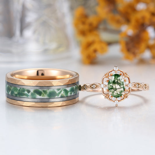 Vintage Natural Moss Agate Milgrained Filigreed Couples Ring Matching Rings Wedding Ring Set