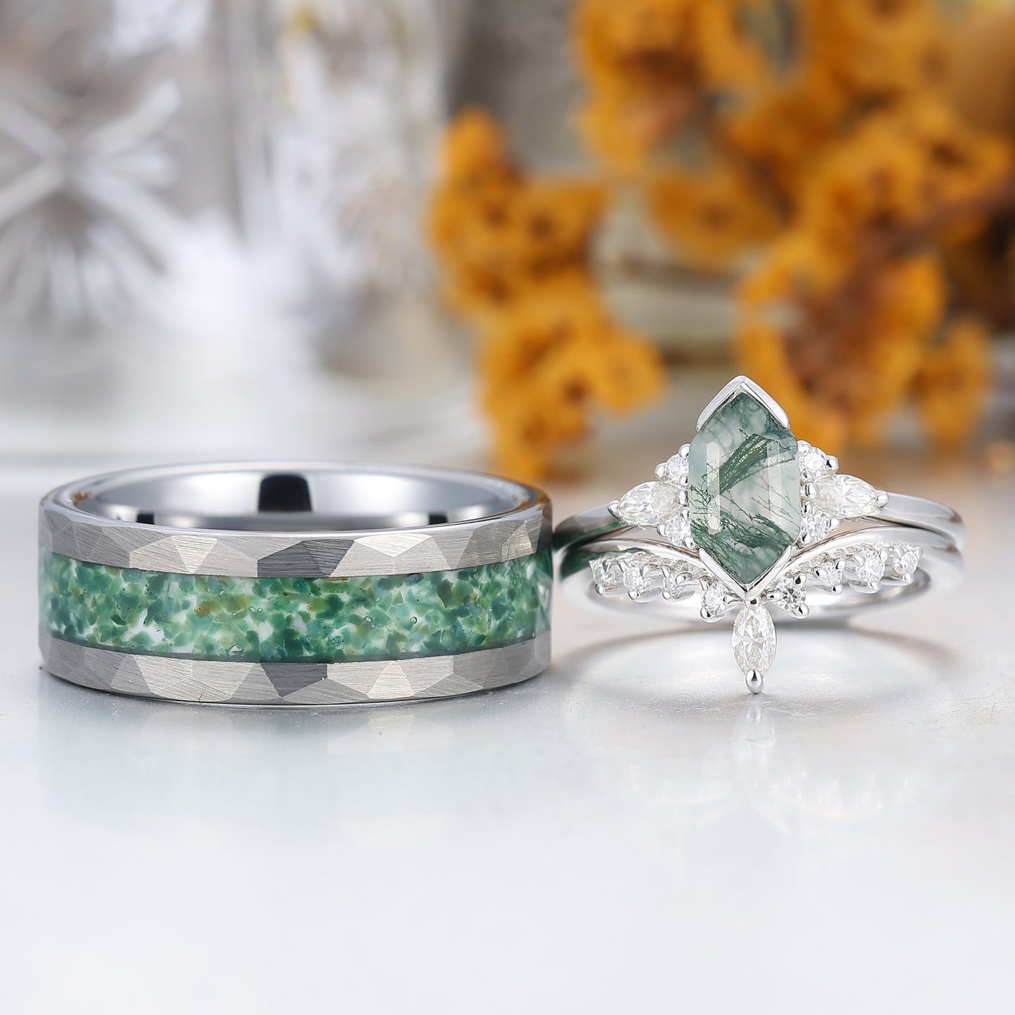 Vintage Long Hexagon Cut Moss Agate Couple Ring Set Green Matching Ring For Men For Women