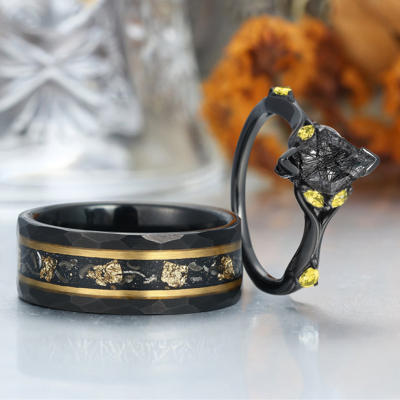 Alternative Black Rutilated Quartz Couple Rings Black And Gold Promise Rings For Couples