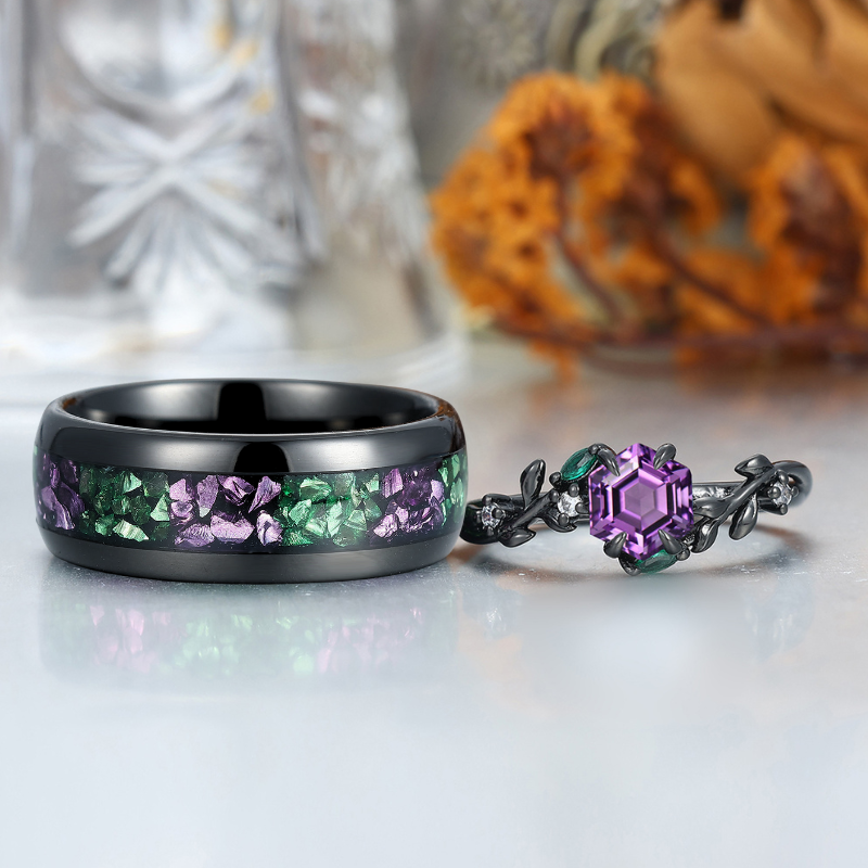 Fascinating Amethyst Leaf Engagement Couple Rings Matching Tungsten His and Hers Wedding Band