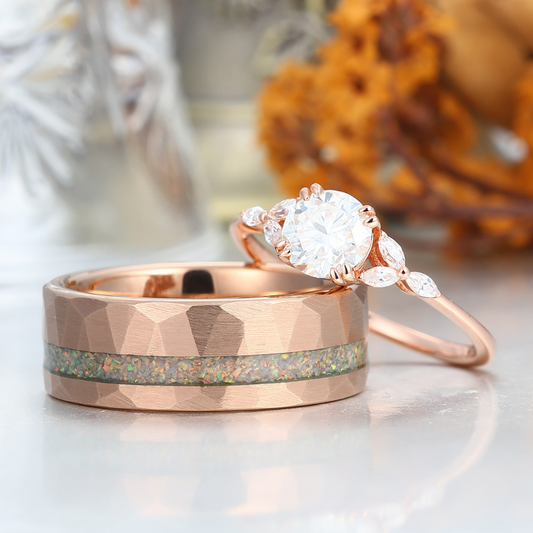 Minimalist Round Cut Moissanite Couples Ring Set S925 Gold Plated And Rhombic Tungsten Matching Ring