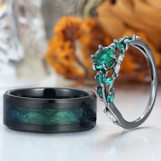 Emerald Engagement Couples Ring Set And Galaxy Quicksand Inlay Tungsten Matching Ring His and Hers Ring Set