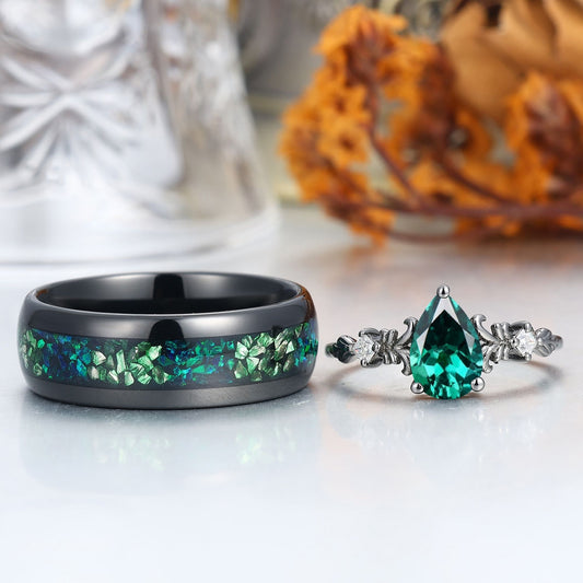 Gorgeous Pear Cut Emerald Couple Rings Green His And Hers Matching Ring Set