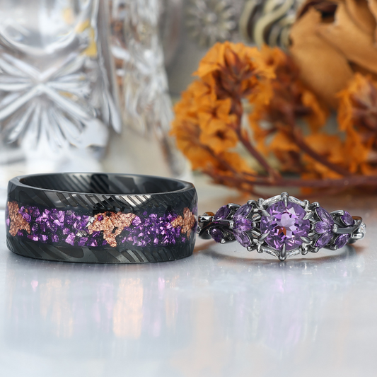 Amethyst and Black Damascus Steel Wedding Bands Matching Ring Set for Couples