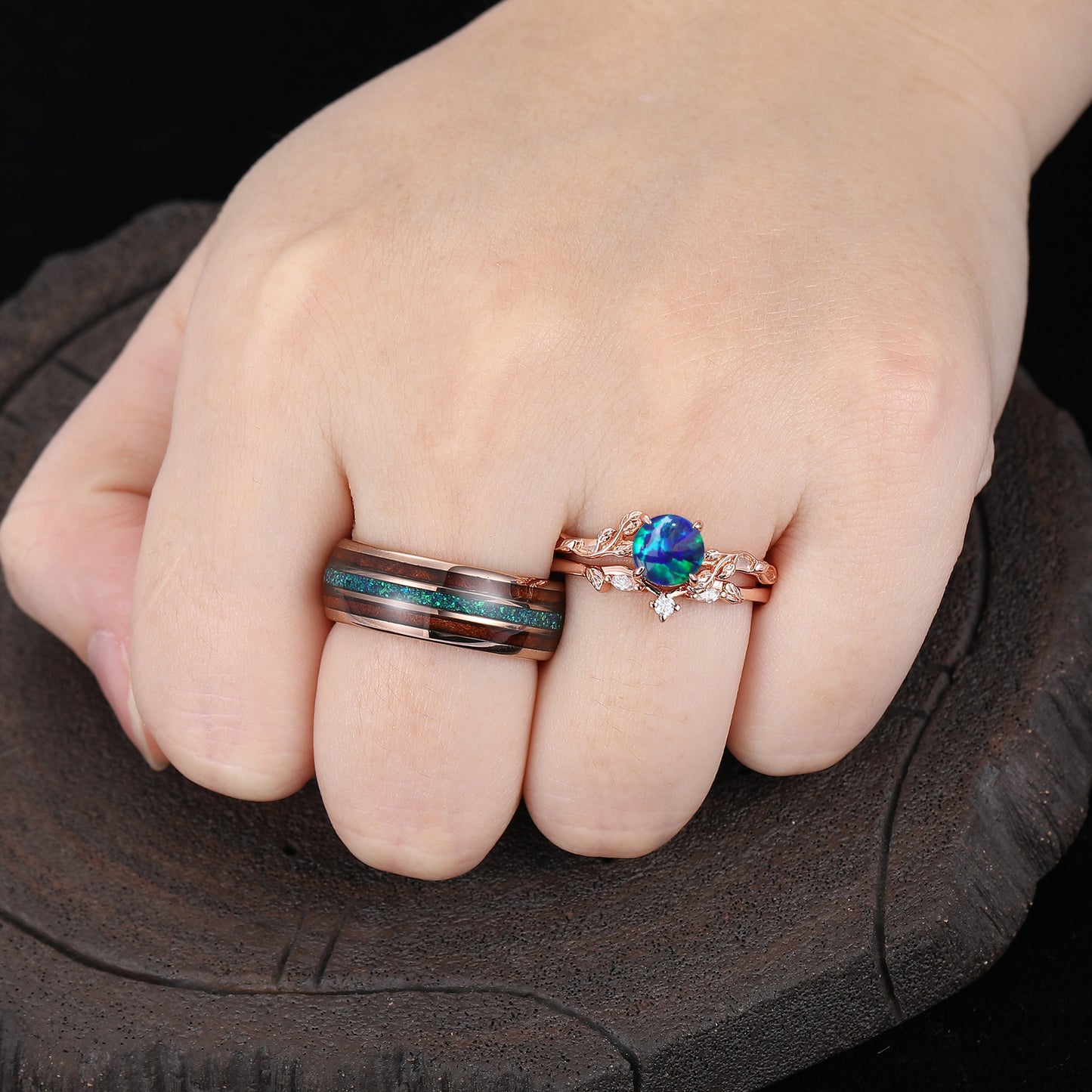 Nature Inspired Twig Leaf Peacock Green Opal Couples Ring Set Peacock Green His And Hers Rings