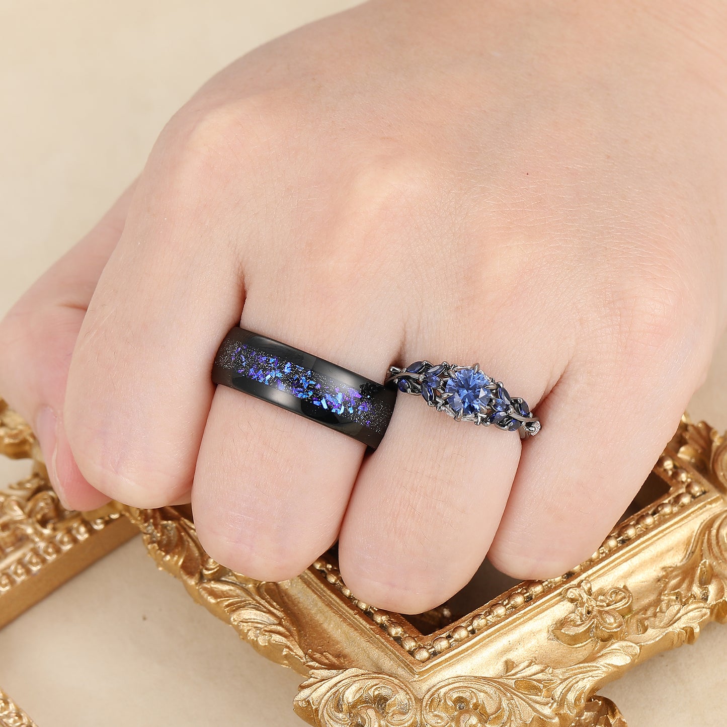 Unique Sapphire Sprigs His And Hers Matching Ring Blue Polished Dome Tungsten Rings For Couples