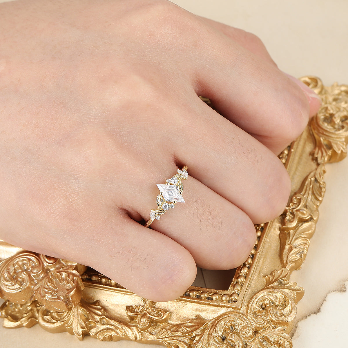 Rhombus Cut Moissanite Engagement Ring Leaf Shpae Wedding Ring Art Deco 14k Gold Women Ring