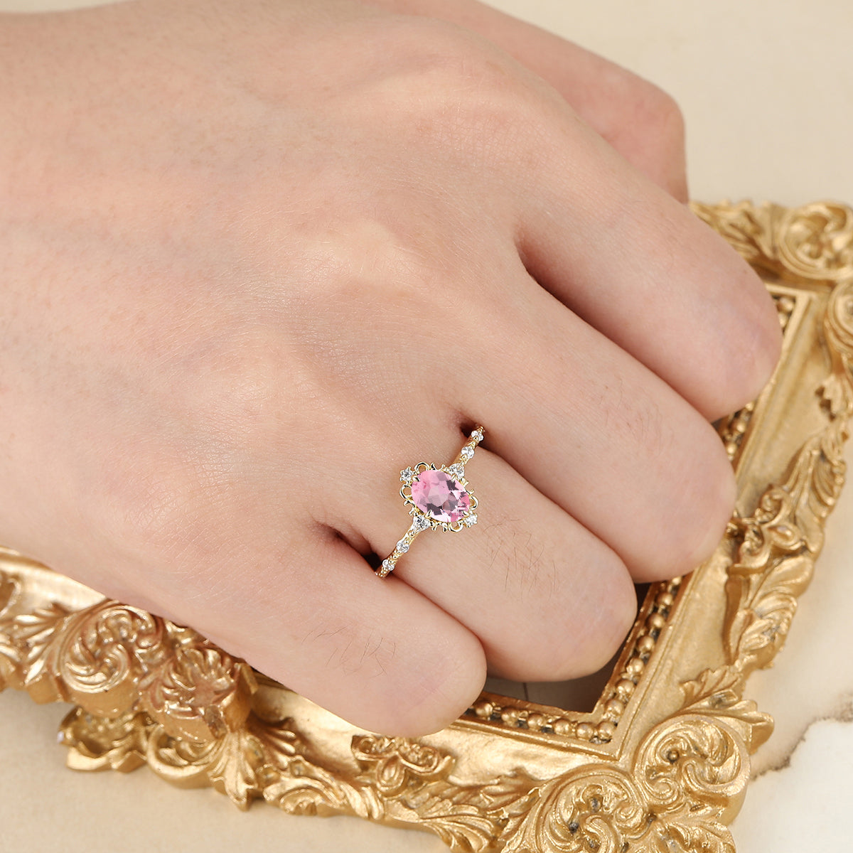 Filigreed Milgrained Pink Morganite Bridal Ring Yellow Gold Engagement Ring Women Fine Ring