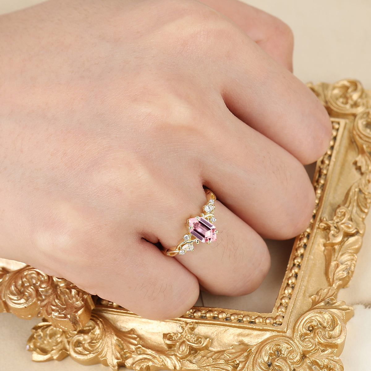 Leaf-inspired Long Hexagon Cut Pink Morganite Engagement Ring Branch Yellow Gold Bridal Ring