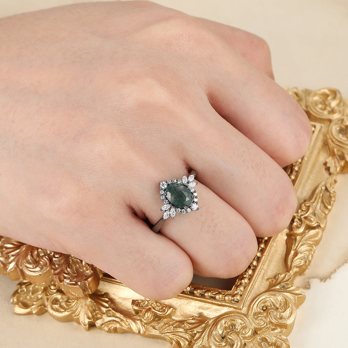 Unique 1.5ct Oval Cut Natural Moss Agate Ring All Around Moissanite Ladies Ring Women Dainty Rings