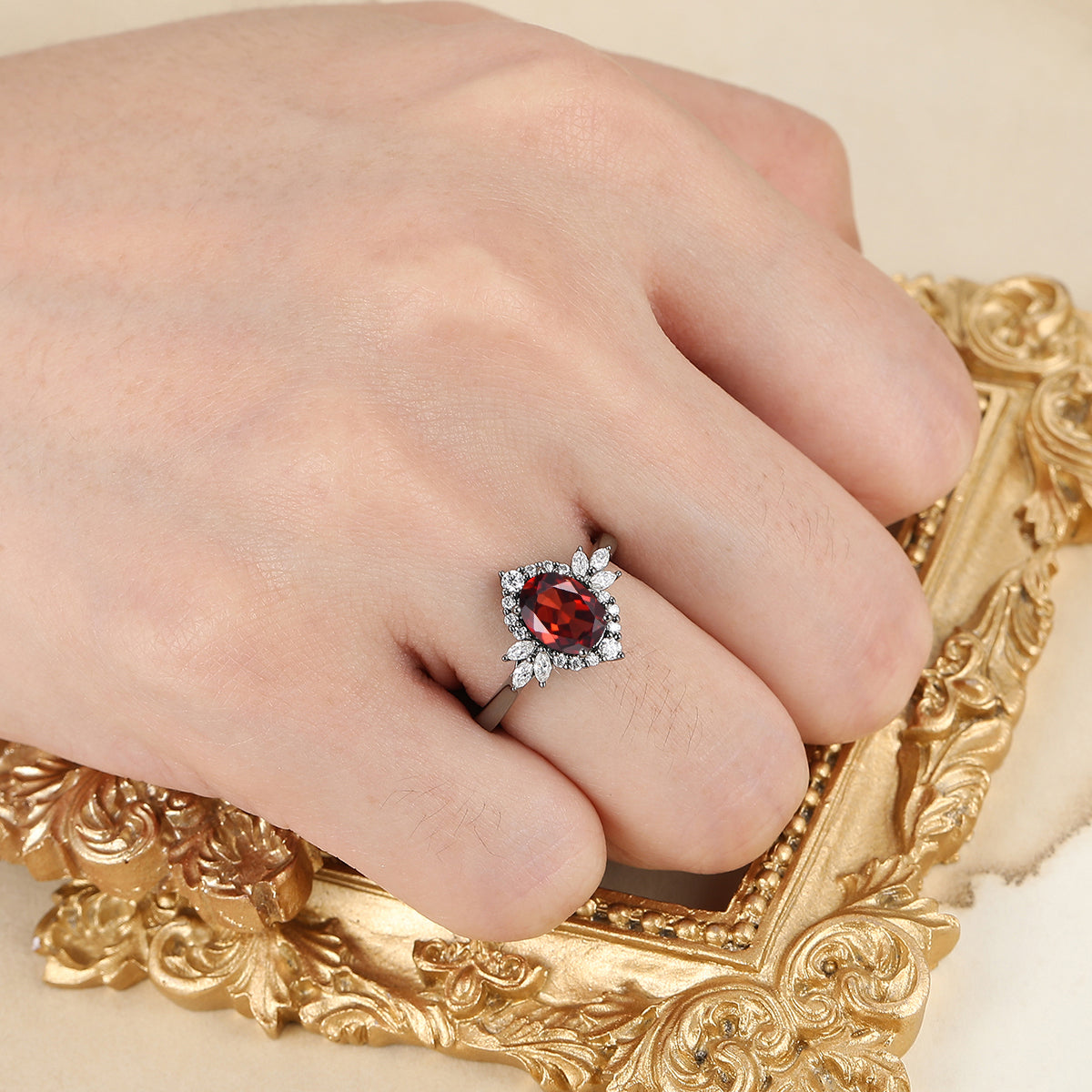 Unique 1.5ct Oval Cut Nature Red Garnet 14k Gold Ring All Around Moissanite Ladies Ring Women Dainty Rings