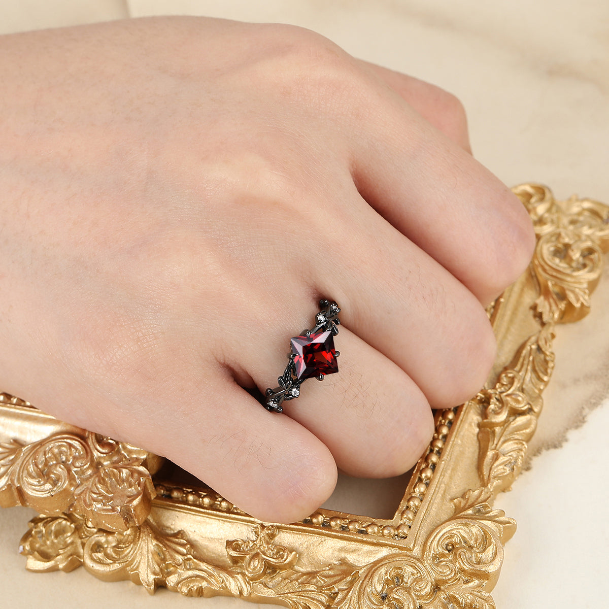 2CT Princess Cut 14k Black Gold  Nature Red Garnet Engagement Leaf Ring Anniversary Bridal Ring Gift