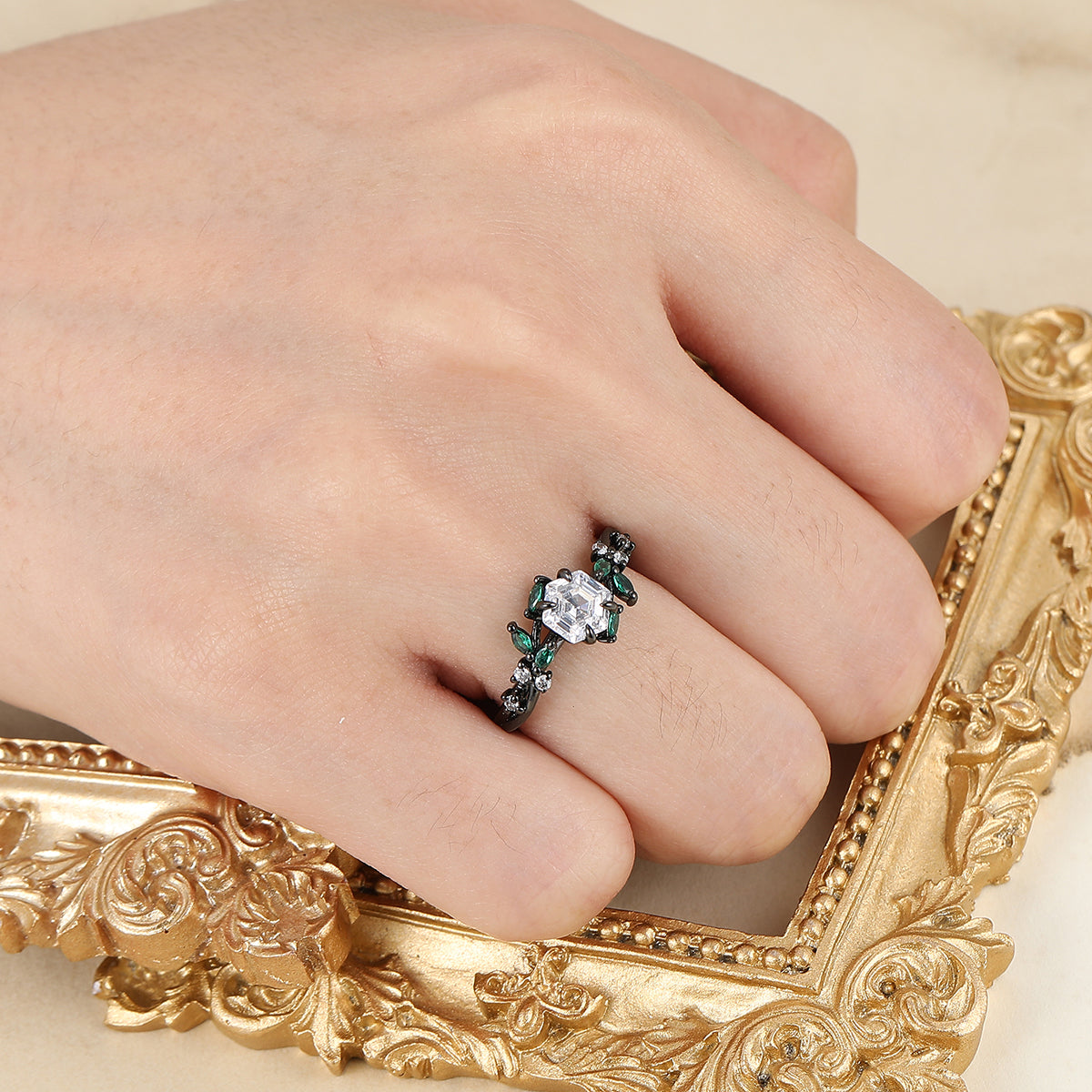 Nature-Inspired Hexagon Moissanite & Green Emerald Leaf Ring Moissanite Ring