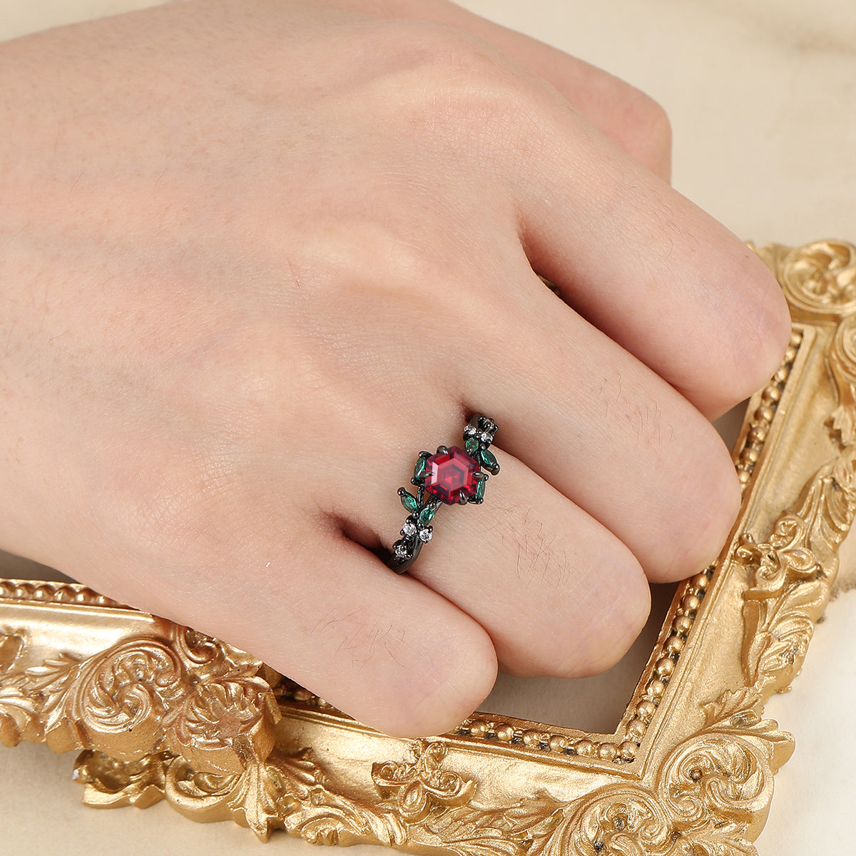 Nature-Inspired Hexagon Nature Red Garnet with Green Emerald Leaf Ring S925 Ring Available in1 0k/14k/18K Gold