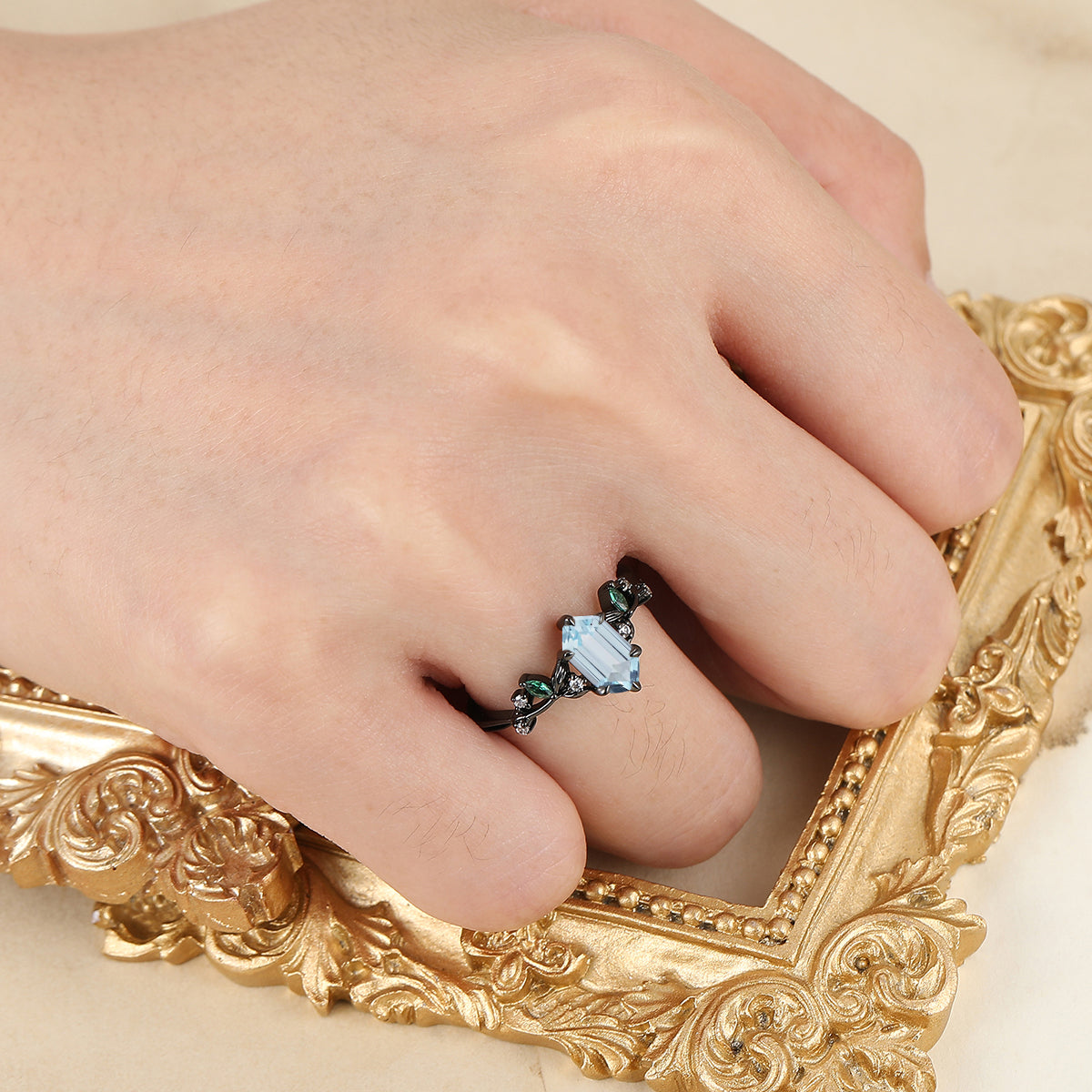 Art Deco Long Hexagon Cut Aquamarine Engagement Ring Leaf Twig Women Fine Ring