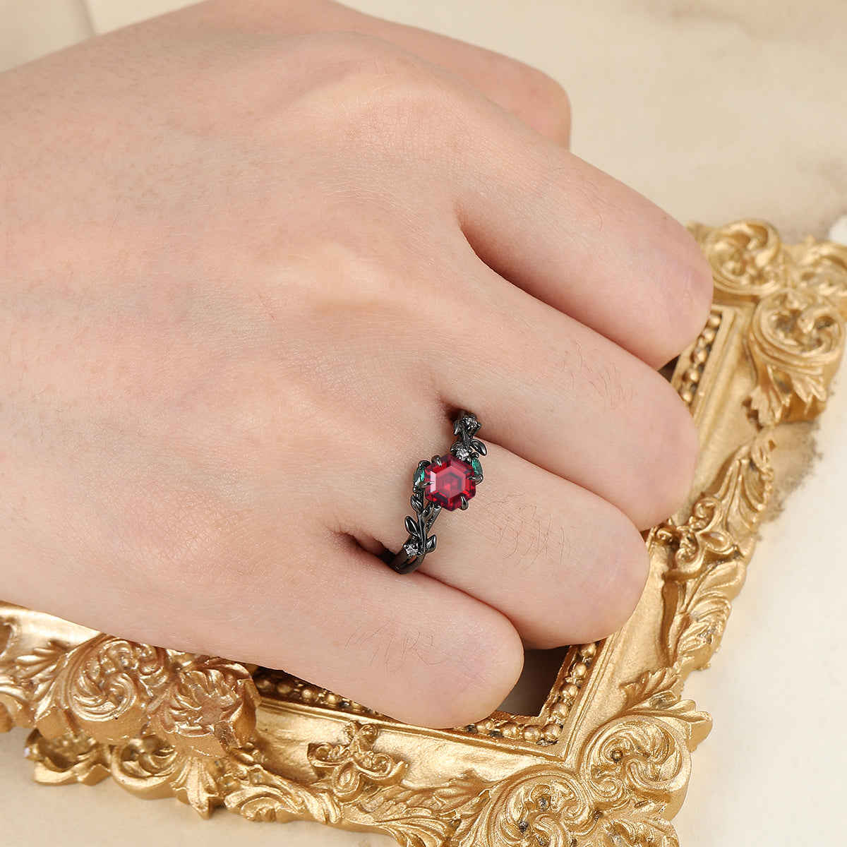 Elegant Hexagon Cut Natural Red Garnet Leaf Ring Engagement Vine Ring with Green Accents