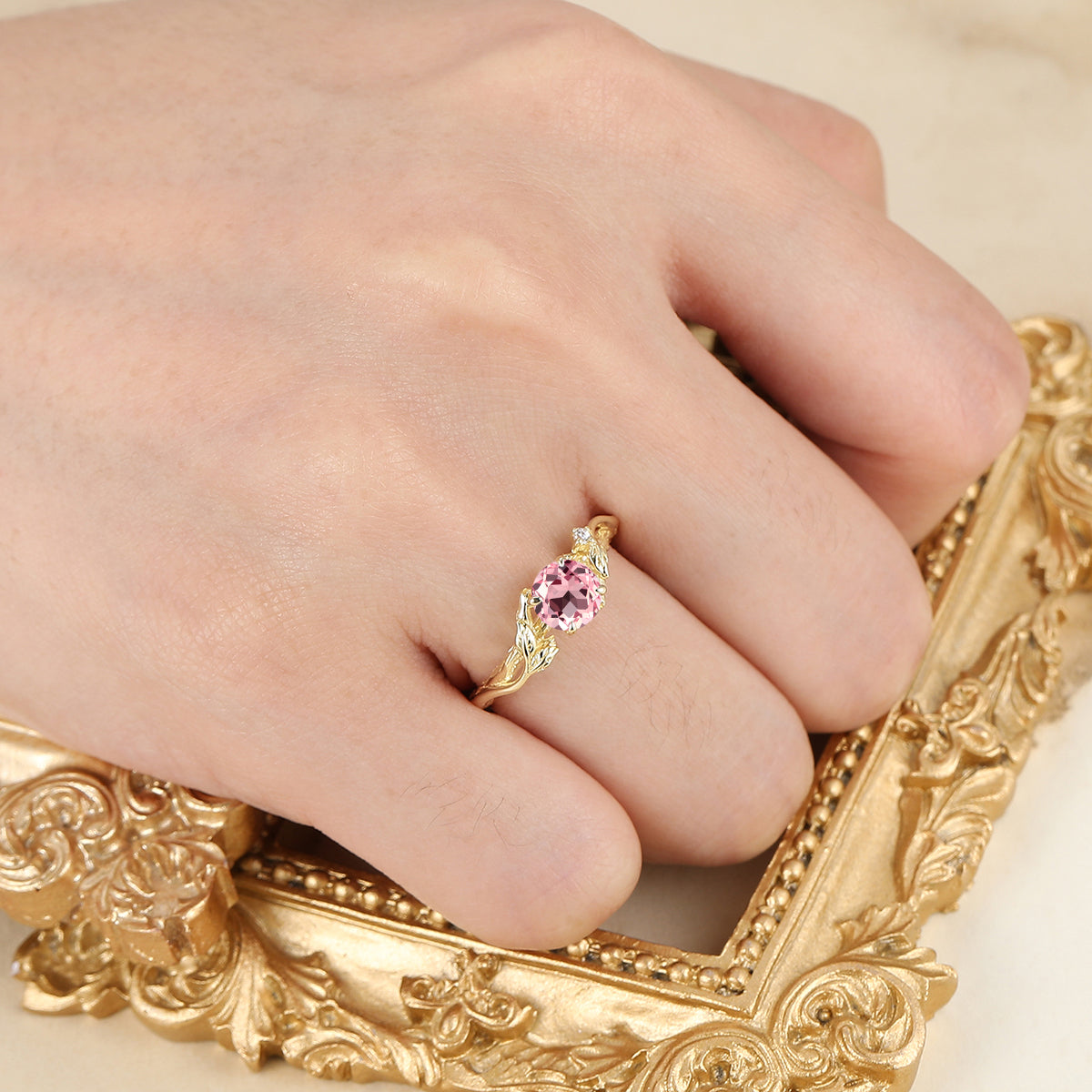 Handmade Round Morganite Leaf Engagement Ring Pink Women Fine Ring 14K Yellow Gold Bridal Ring