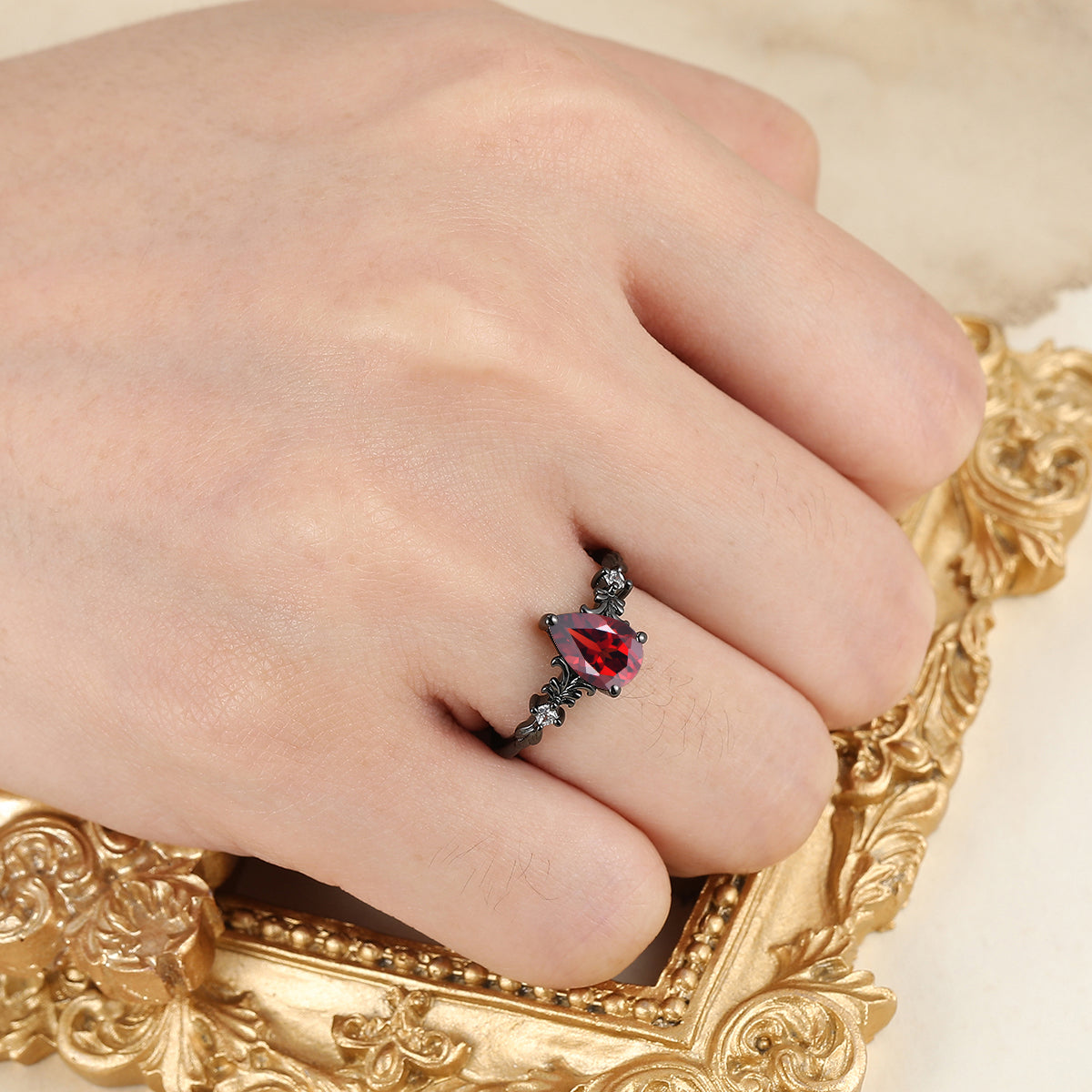 Dainty Pear Cut  Red Garnet Vines Engagement Ring Prongs Setting Promise Anniversary Bridal Ring