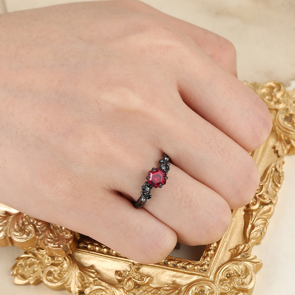 Elegant Hexagon 14k Red Garnet Leaf Ring with Dazzling White Side Stones - Available in 925 Silver