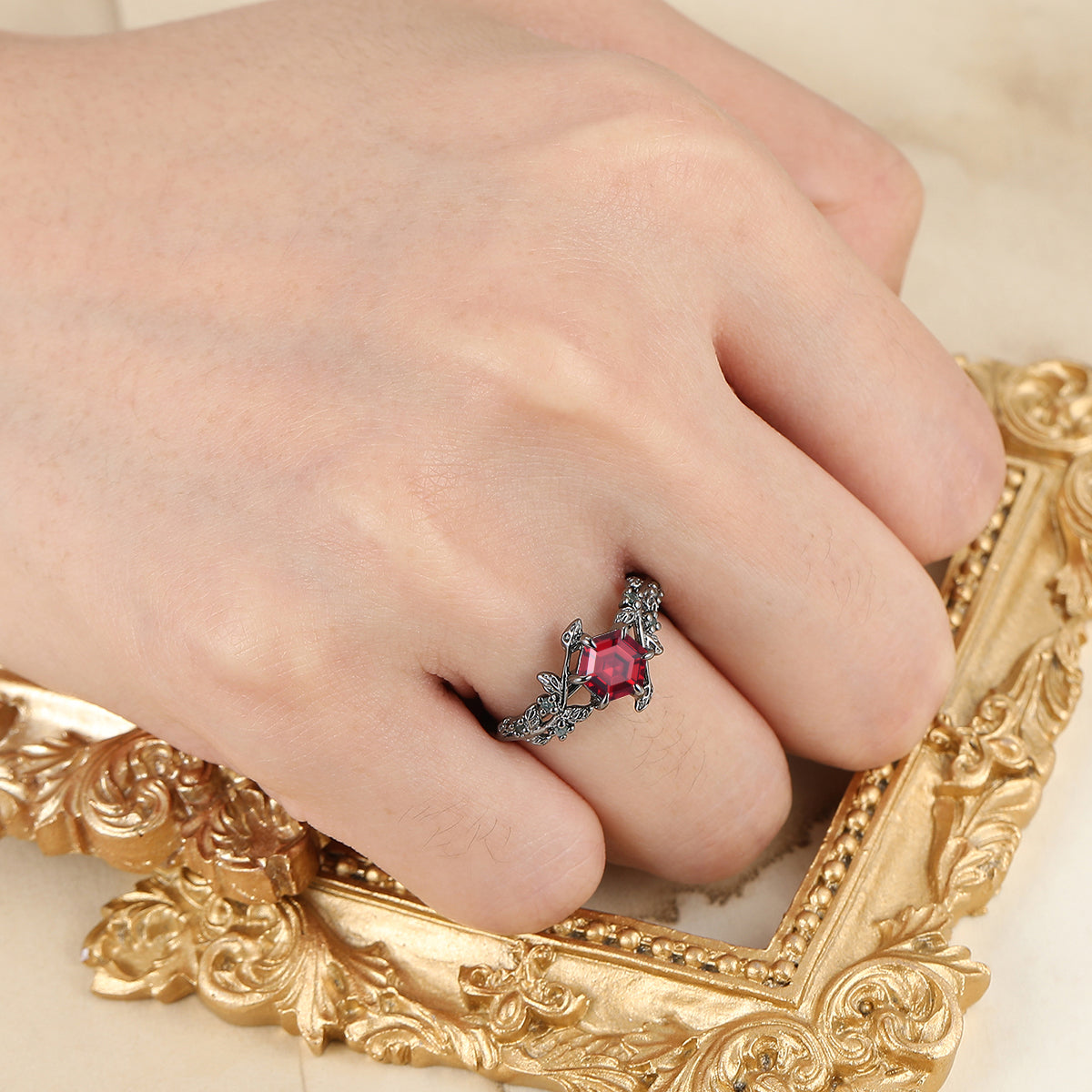 Leaf Design 14k Black Gold Inspiration Hexagon Cut Natural Moss Agate Engagement Leaf Shape Ring For Anniversary Gift