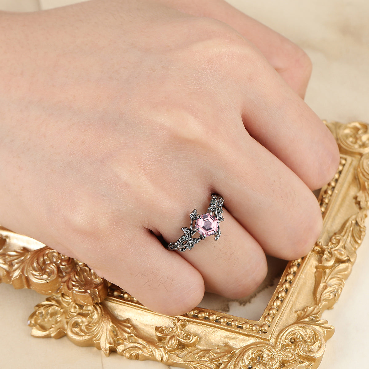 Leaf Inspired Pink Morganite Engagement Ring For Her Unique Black Plated Silver And Gold Bridal Ring