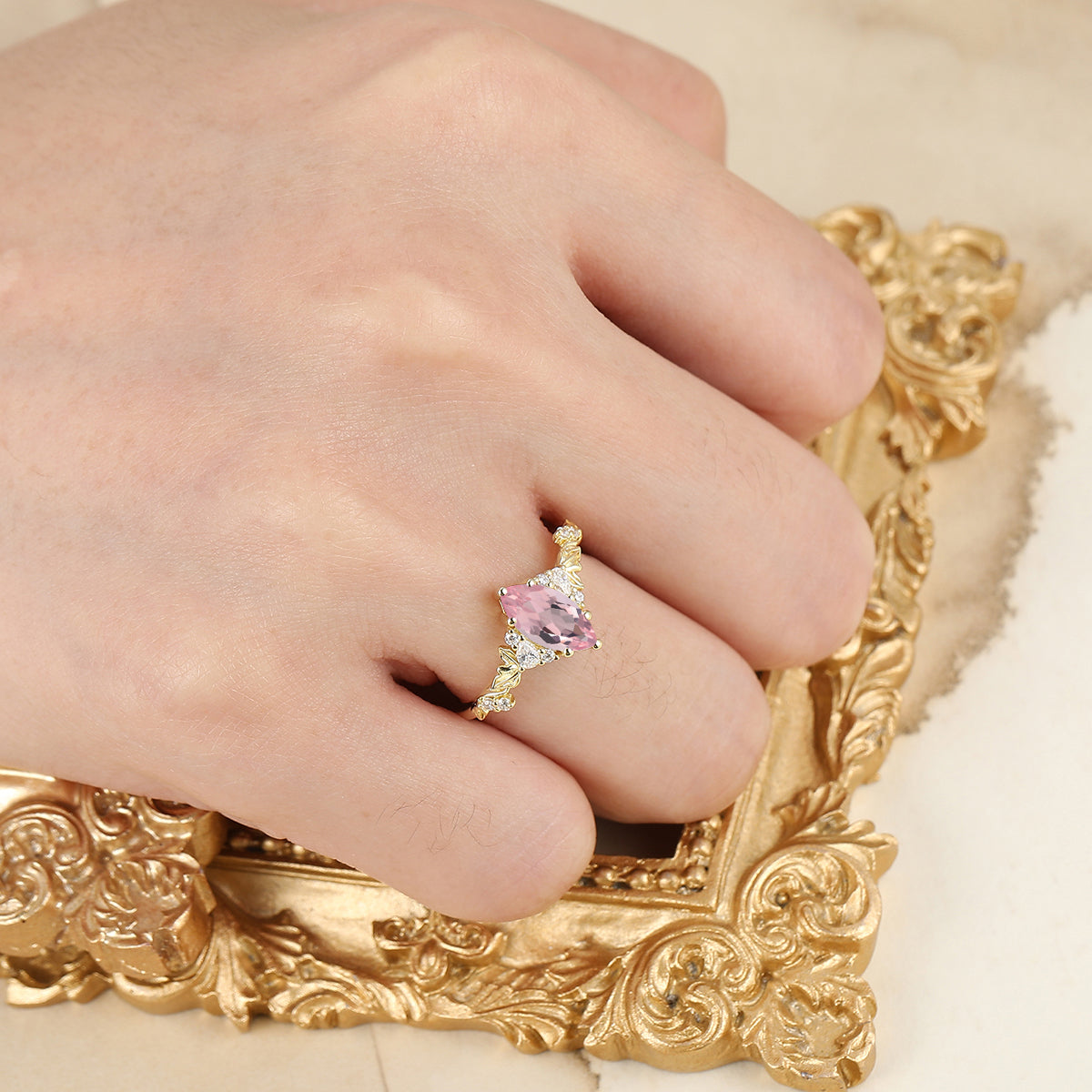 Romantic Pink Morganite Leaf Branch Ring for Her Pink Engagement Ring Birthday Women Ring