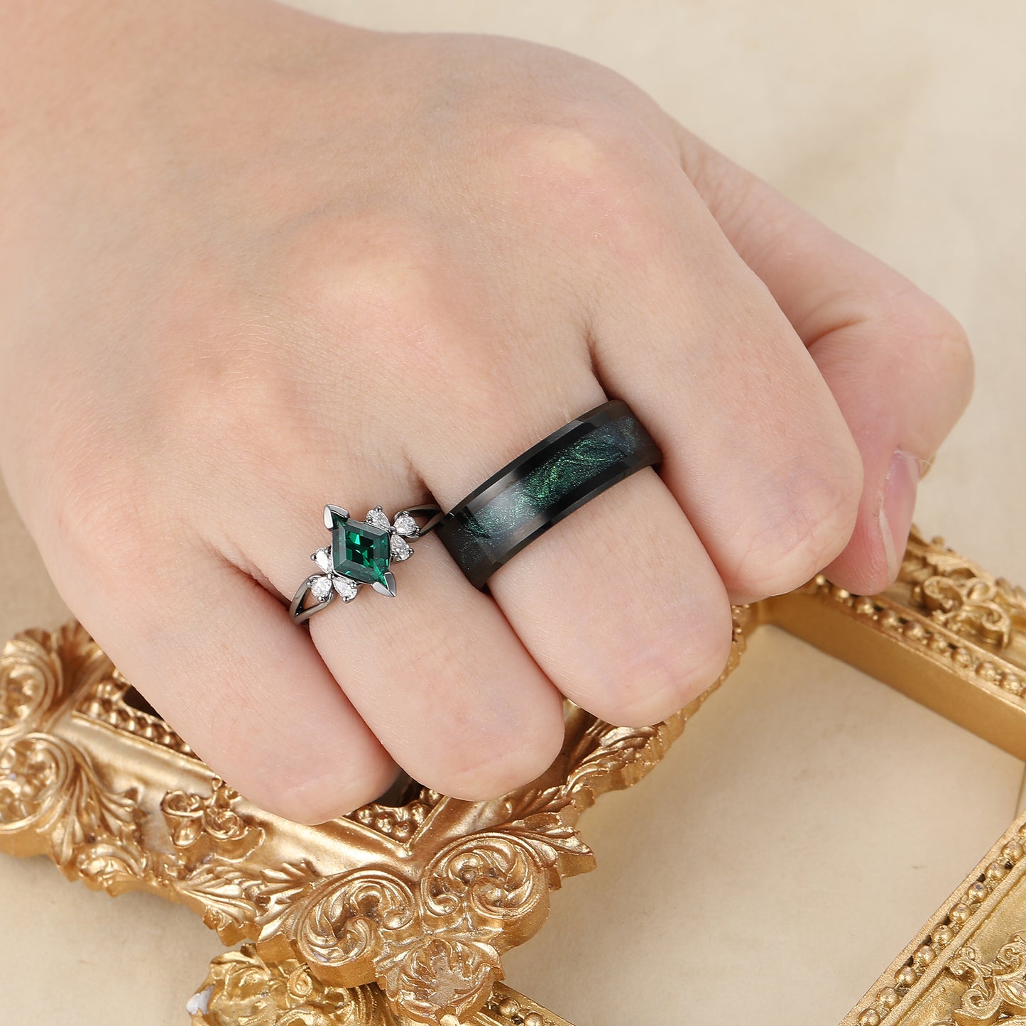 Artsy Rhombus Emerald Petal Couple Rings Matching Unique Tungsten His And Hers Ring