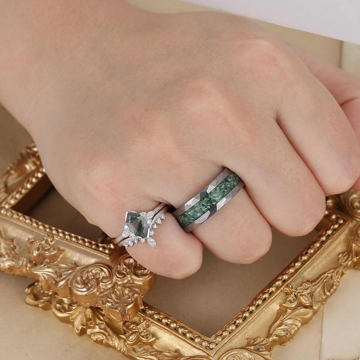 Vintage Long Hexagon Cut Moss Agate Couple Ring Set Green Matching Ring For Men For Women