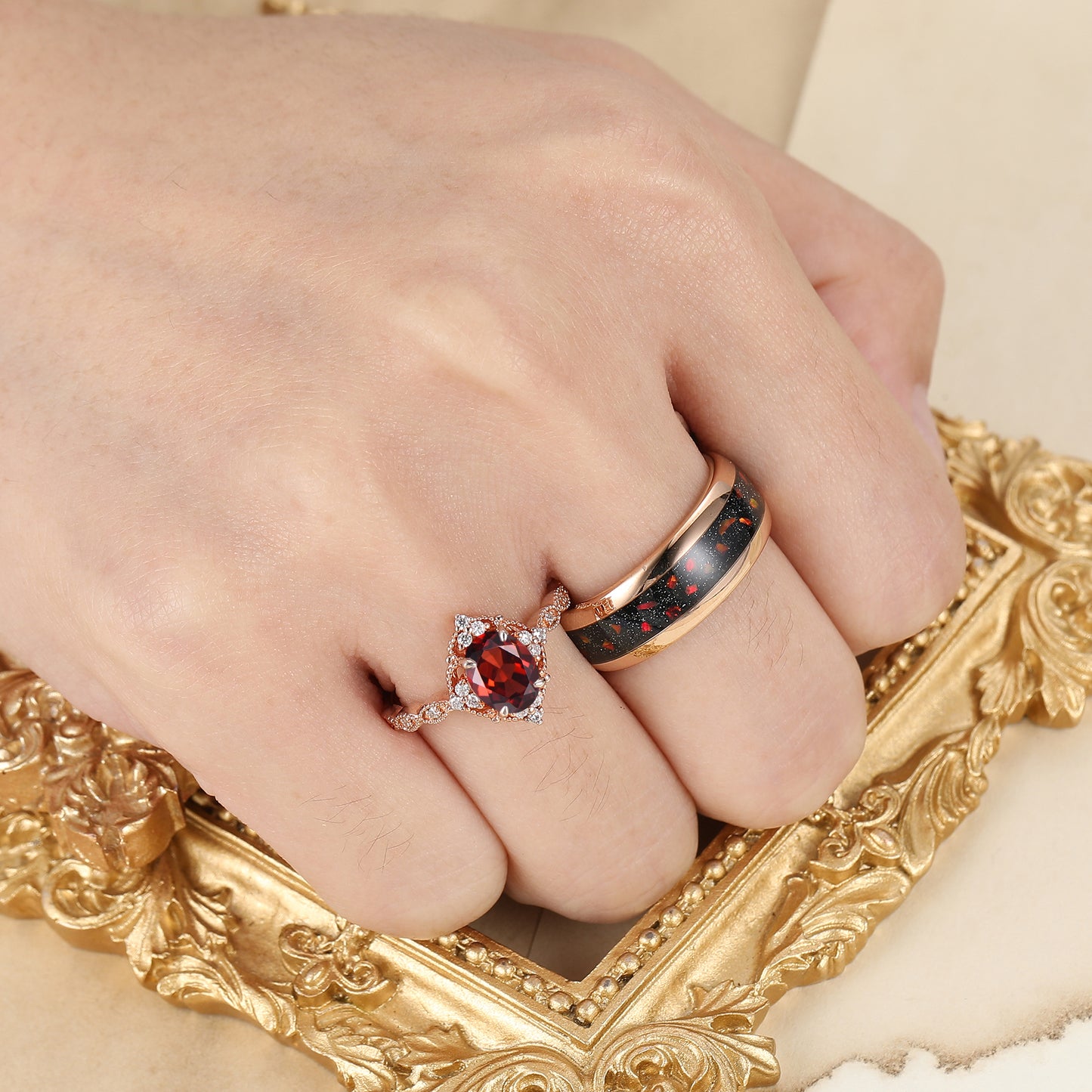 Vintage Milgrained Natural Red Garnet Couple Ring 2pcs Red Matching Ring For Men And Women