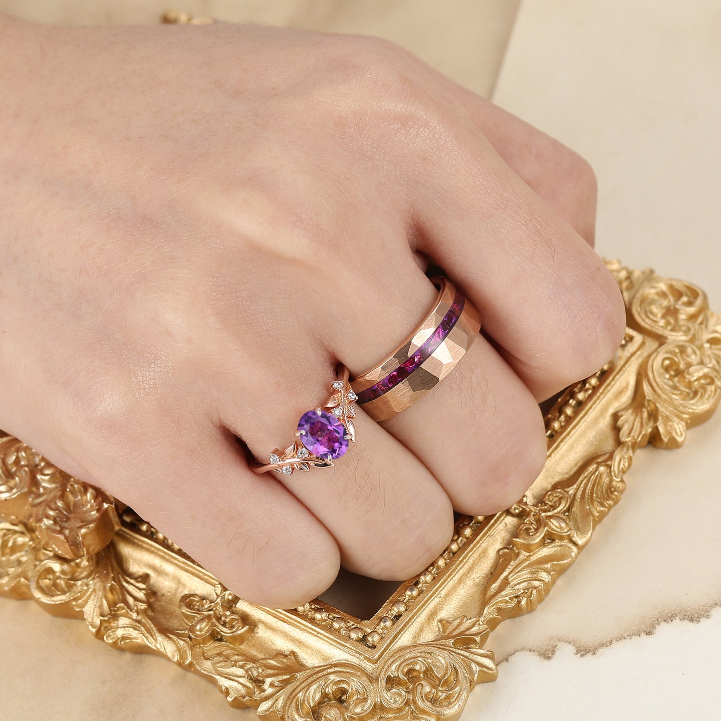 Natural Purple Amethyst Twig Leaf Inspired Couples Ring Set Amethyst Rings For Him And Her