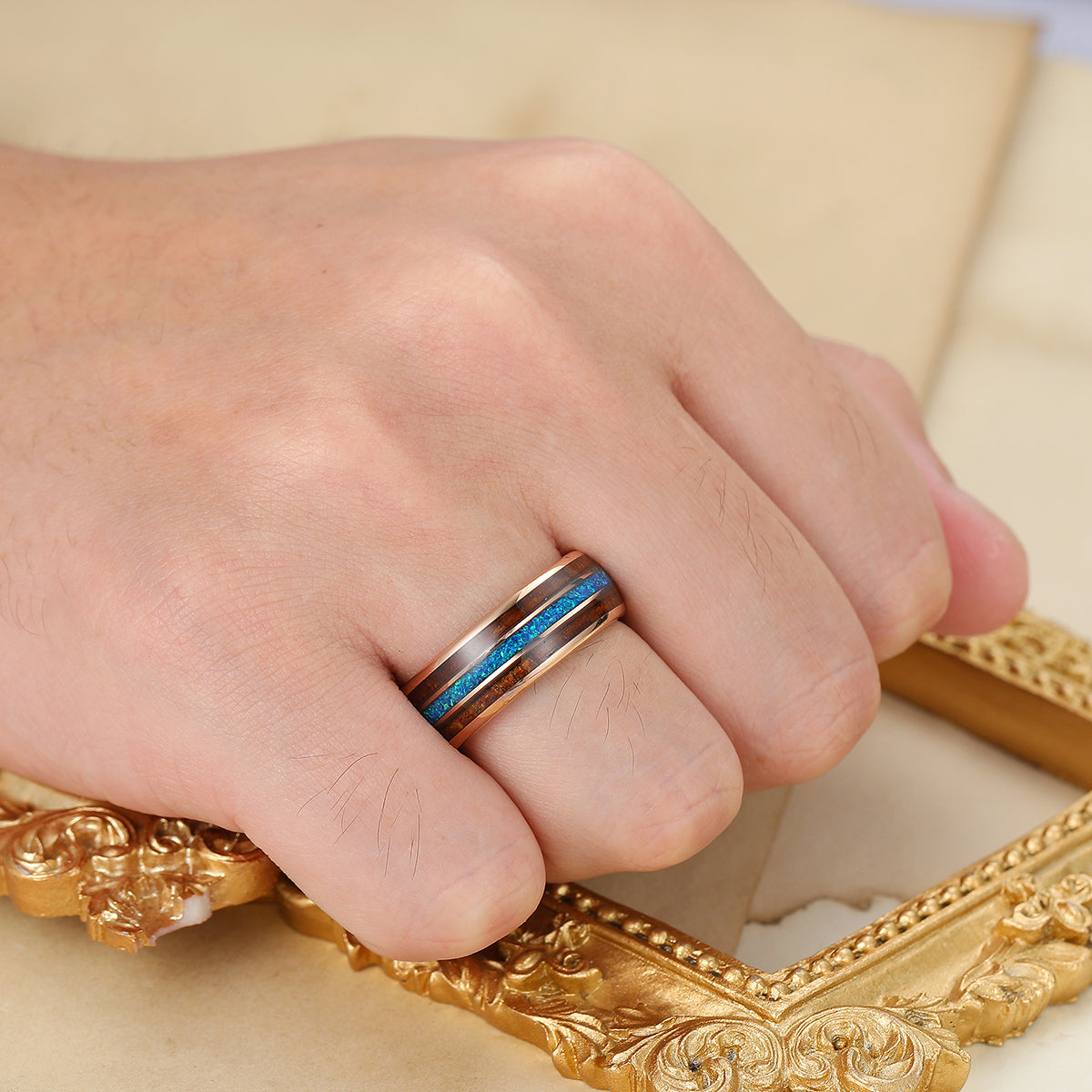 Wooden And Blue Opal Inlay Tungsten Ring Rose Gold Polished Dome Men's Wedding Band
