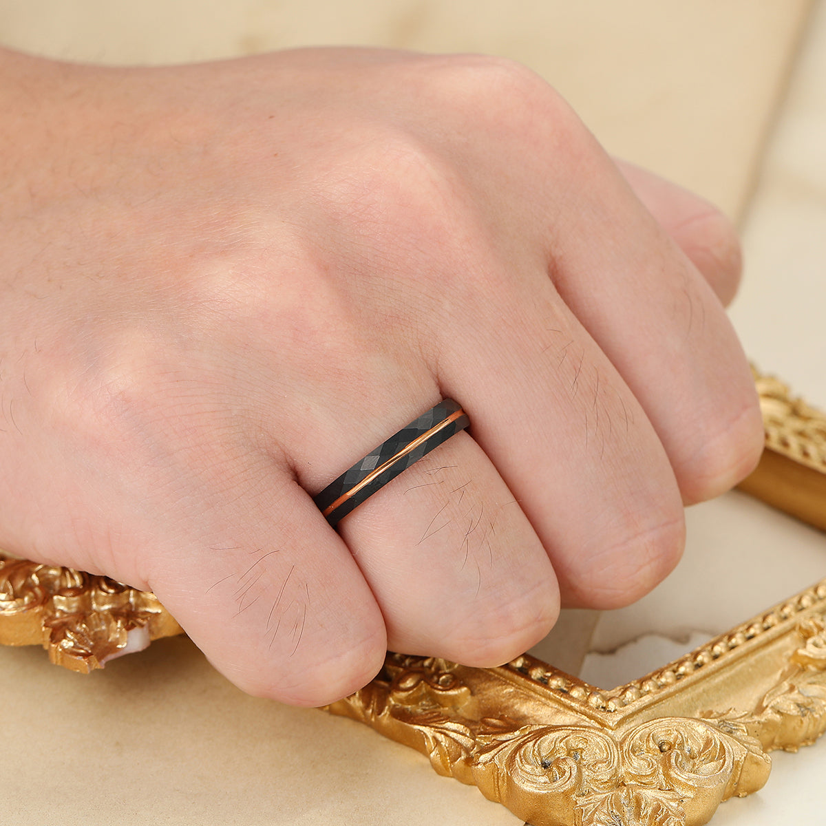 Minimalist Black Rhombus Lattice Grooves Tungsten Ring 4mm Rose Gold Tungsten Ring