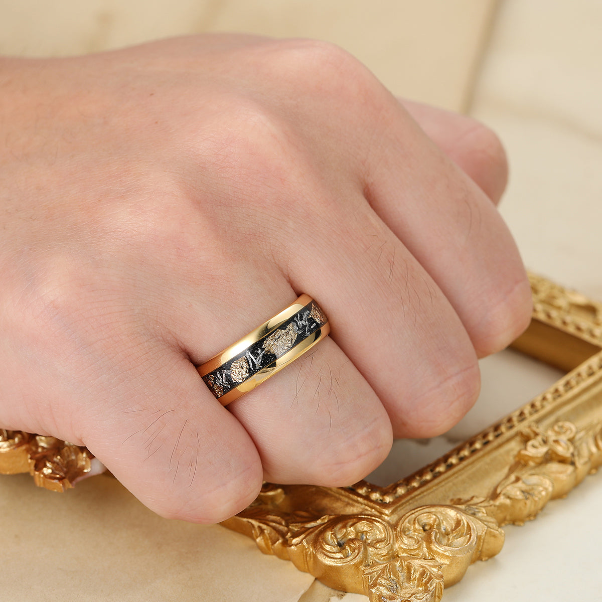 Meteorite Gold Foil Inlay Tungsten Male Ring Yellow Gold Polished Dome Men's Tungsten Wedding Band