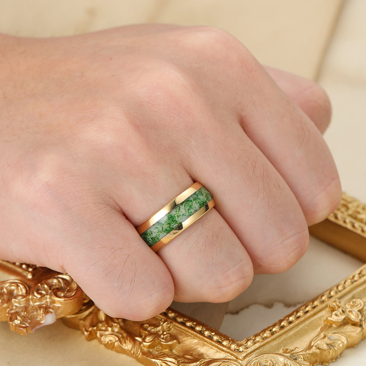 Crushed Moss Agate Tungsten Carbide Ring 8mm Green Gemstone And Yellow Gold Tungsten Band