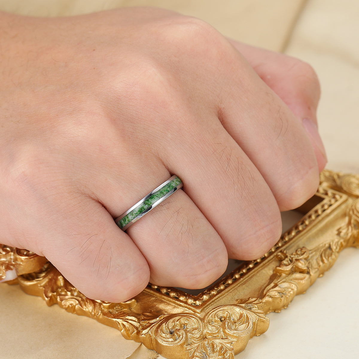 4mm Green Moss Agate Tungsten Unsex Ring Silver Plated Polished Dome Tungsten Band