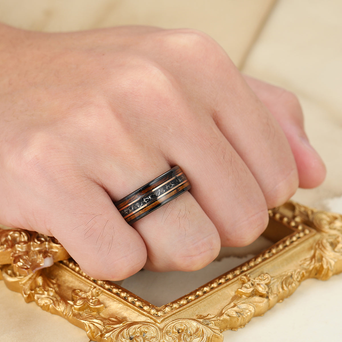 8mm Black Meteorite Wooden Tungsten Ring Black Polished Dome Men's Promise Ring