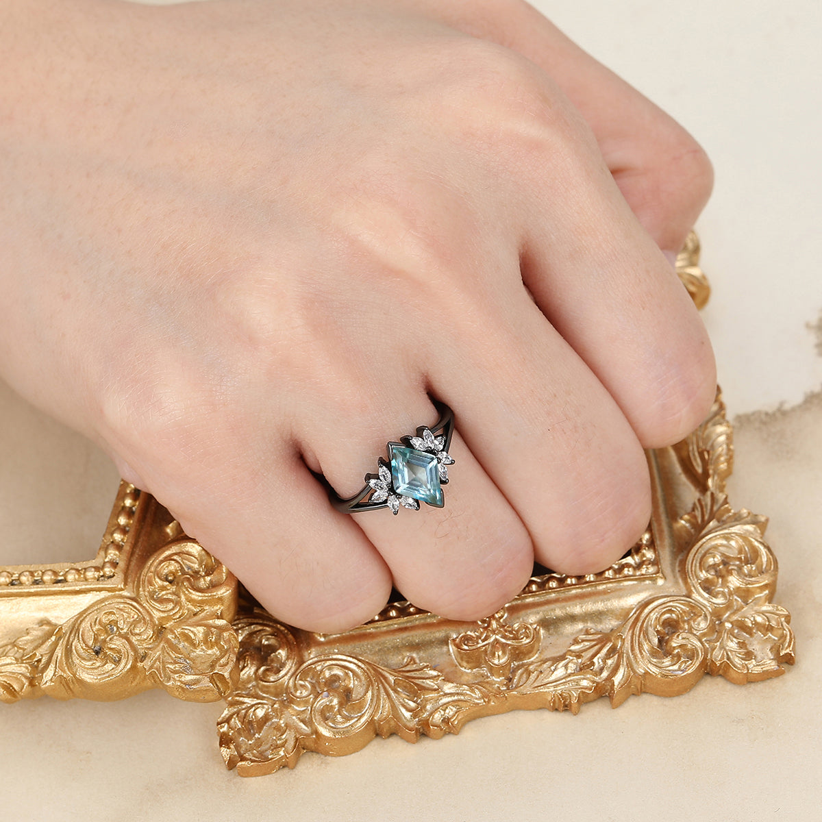 Petal Design Aquamarine Engagement Ring 14K Solid Gold Anniversary Bridal Ring For Women