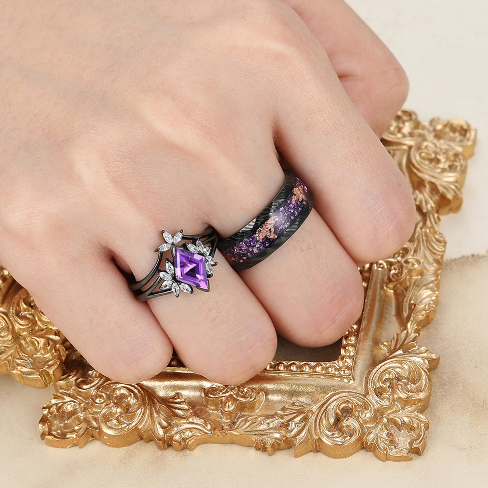 Delicate Amethyst Petal Engagement Couple Rings Set Matching Promise Purple Damascus Steel Wedding Band