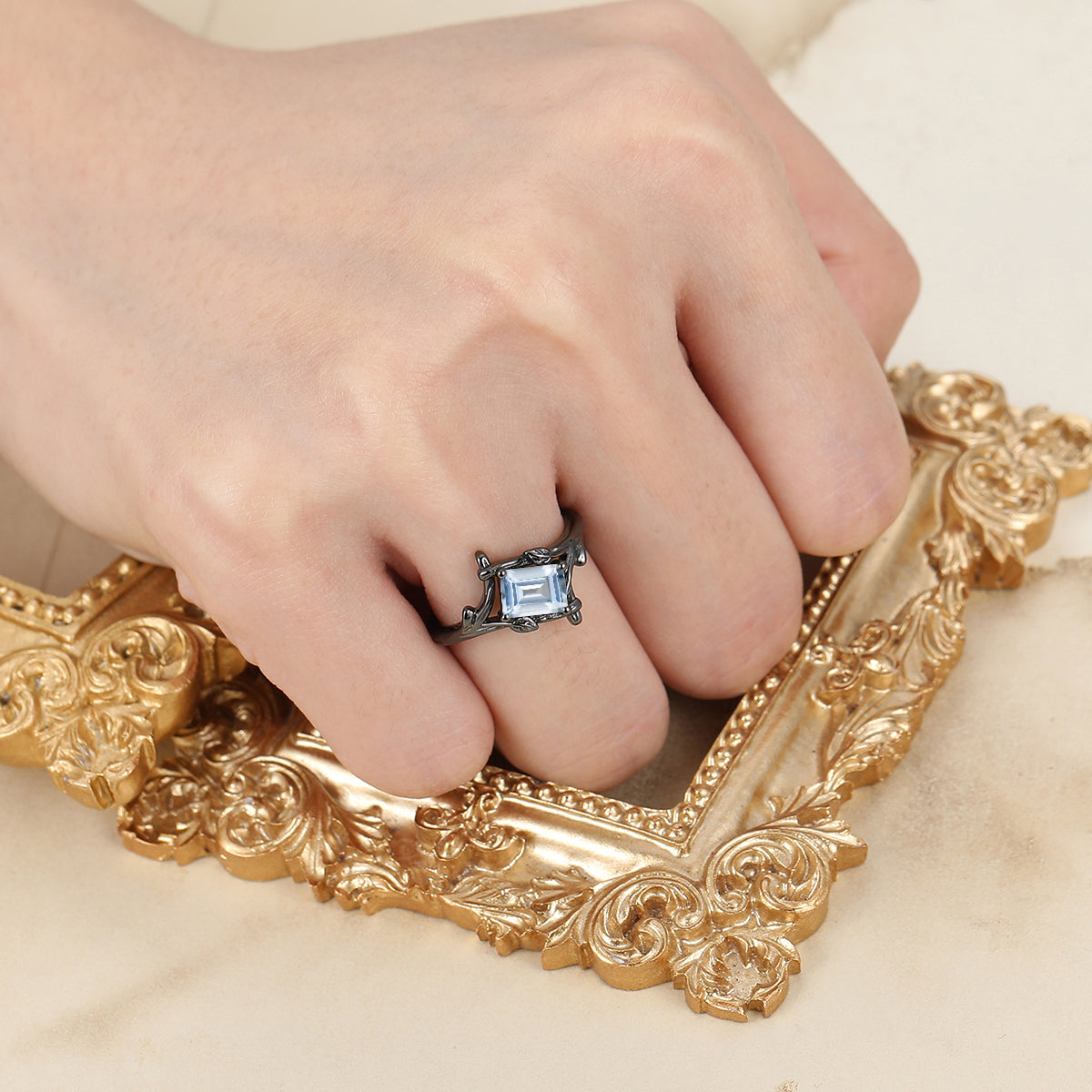 Solitaire Emerald Cut Aquamarine Engagement Ring Branch Style Her Wedding Ring