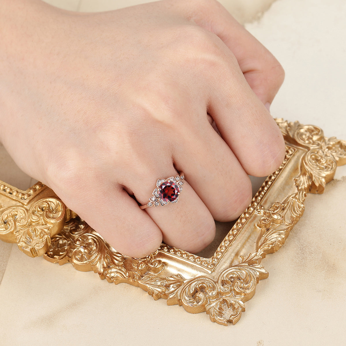 Artsy Cluster Round Nature Red Garnet 10k/14k/18K Gold Engagement Ring Unique Promise Anniversary Bridal Ring