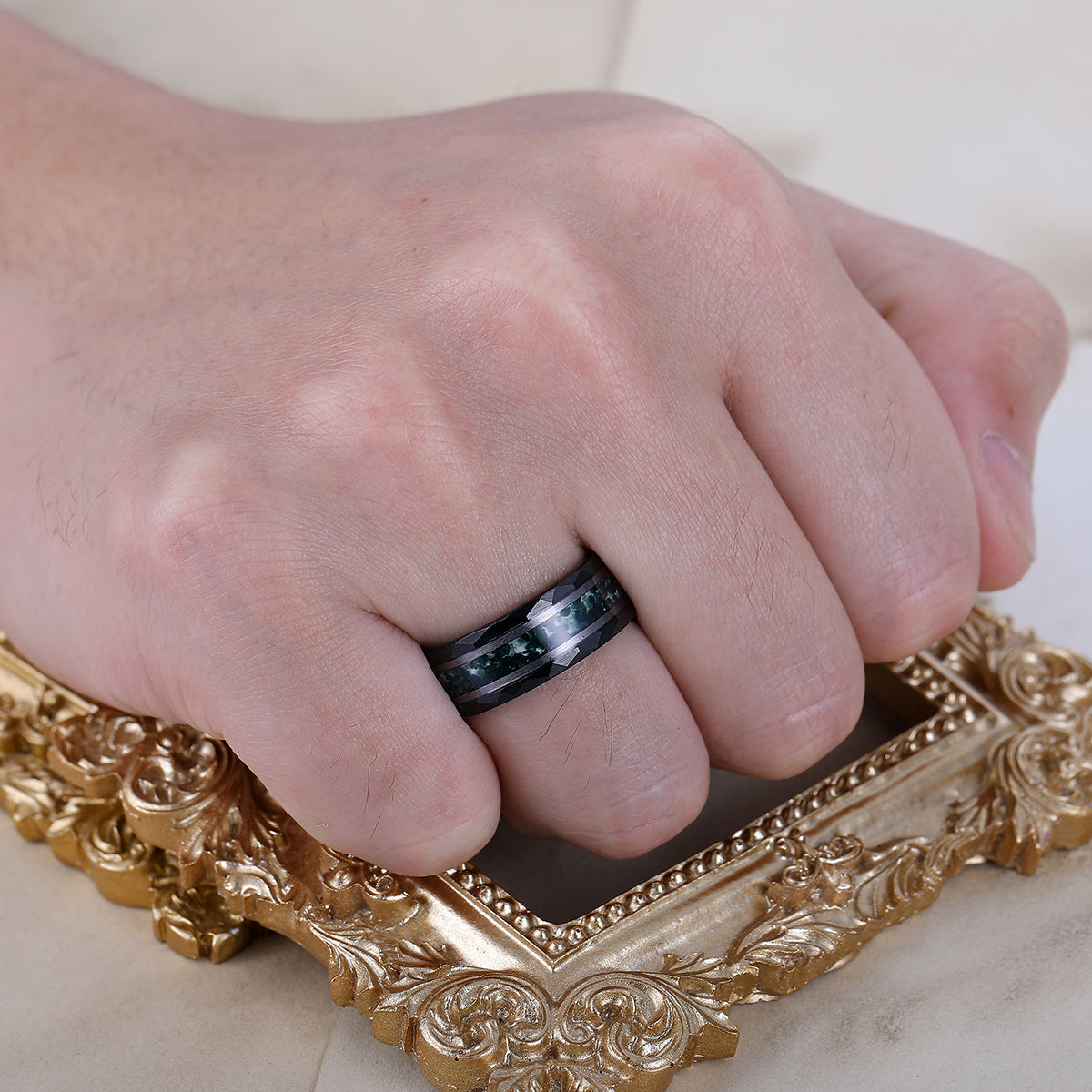 Unique Men's Moss Agate Tungsten Engagement Ring Engravable Wedding Band Silver/Black/Yellow Gold Anniversary Ring