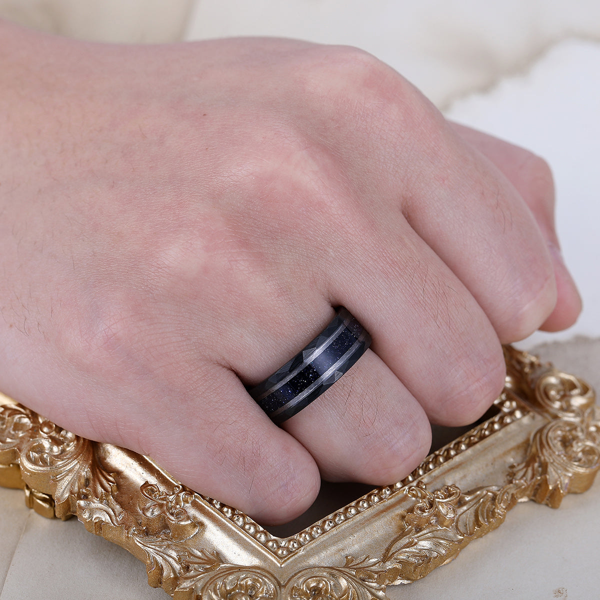 Starry Dark Blue Sandstone Wide Men' s Tungsten Wedding Band Promise Hammered Unisex Ring