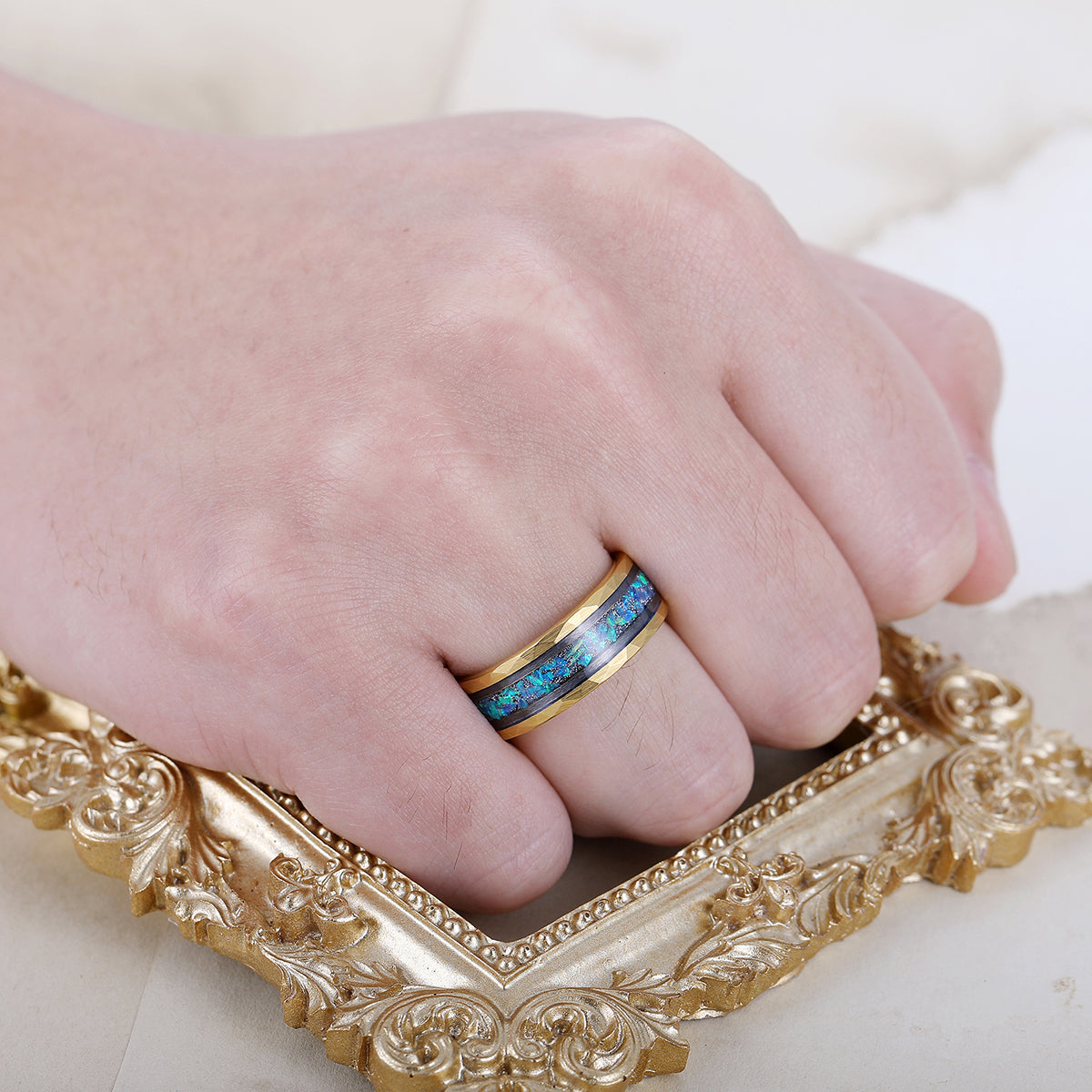 Elegant  Men's 8mm Tungsten Ring Blue Opal Inset - Black, Rose Gold, Yellow Gold Anniversary & Promise Ring