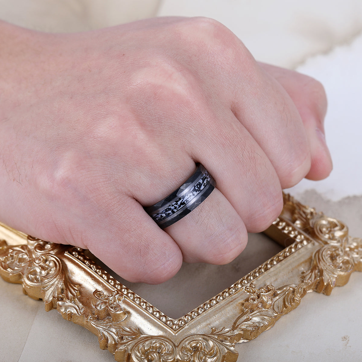 Hammered Tungsten Inlaid Black Rutilated Quartz Men's 8mm Wedding Ring - Black, Rose or Yellow Gold Promise Ring